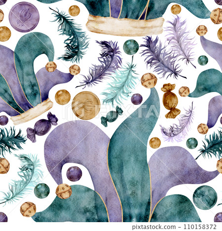 Hand drawn watercolor Mardi Gras carnival symbols. Jester fool hat, feathers, bonbons beads baubles coin throws. Seamless pattern isolated on white background. Design for party, print, shop, package Hand drawn watercolor Mardi Gras carnival symbols. Jester fool hat, feathers, bonbons beads baubles coin throws. Seamless pattern isolated on white background. Design for party, print, shop, package 110158372