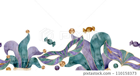 Hand drawn watercolor Mardi Gras carnival symbols. Theater masquerade circus mask, harlequin jester fool hat bells. Seamless banner isolated on white background. Design party invitation, print, shop Hand drawn watercolor Mardi Gras carnival symbols. Theater masquerade circus mask, harlequin jester fool hat bells. Seamless banner isolated on white background. Design party invitation, print, shop 110158373