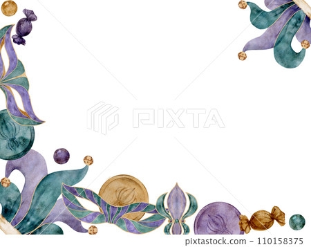 Hand drawn watercolor Mardi Gras carnival symbols. Jester hat beads domino mask feathers fleur de lis coins candy. Horizontal frame isolated on white background. Design party invitation, print, shop Hand drawn watercolor Mardi Gras carnival symbols. Jester hat beads domino mask feathers fleur de lis coins candy. Horizontal frame isolated on white background. Design party invitation, print, shop 110158375