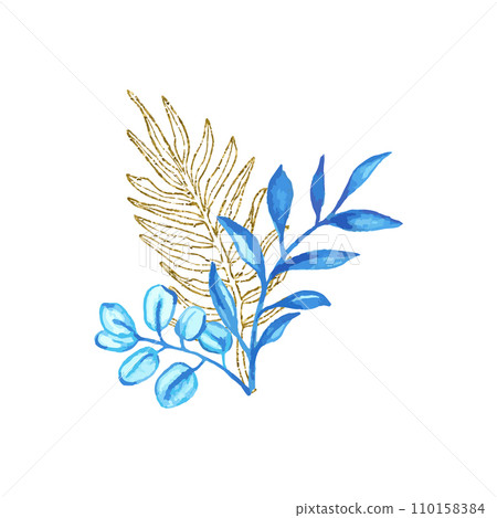 Botany bouquet with glitter line art and watercolor leaves for design of card or invitations. Vector floral illustration, isolate on white background 110158384