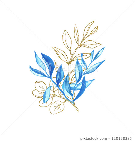 Botany bouquet with glitter line art and watercolor leaves for design of card or invitations. Vector floral illustration, isolate on white background Botany bouquet with glitter line art and watercolor leaves for design of card or invitations. Vector floral illustration, isolate on white background 110158385