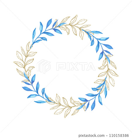 Eucalyptus line art, gold glitter and blue watercolor leaves circle frame wreath for card or invitation, vector illustration, isolate on white background 110158386