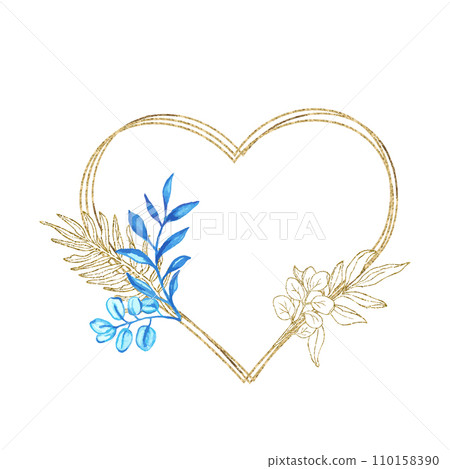 Eucalyptus line art, gold glitter and blue watercolor leaves hearts frame for card or invitation, vector for Valentines day illustration, isolate on white background 110158390