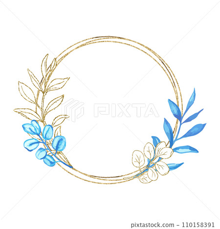 Eucalyptus line art, gold glitter and blue watercolor leaves circle frame for card or invitation, vector illustration, isolate on white background 110158391