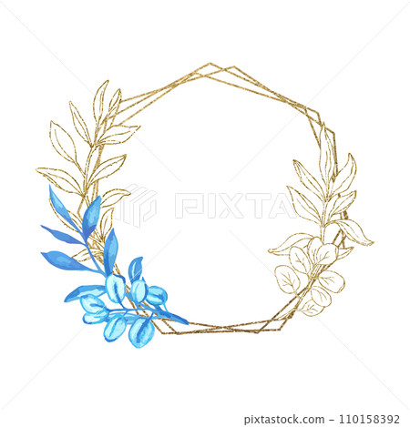 Eucalyptus line art, gold glitter and blue watercolor leaves geometry frame for card or invitation, vector illustration, isolate on white background 110158392