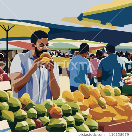 A black man bites into a mango at a tropical marche A black man bites into a mango at a tropical marche 110158679