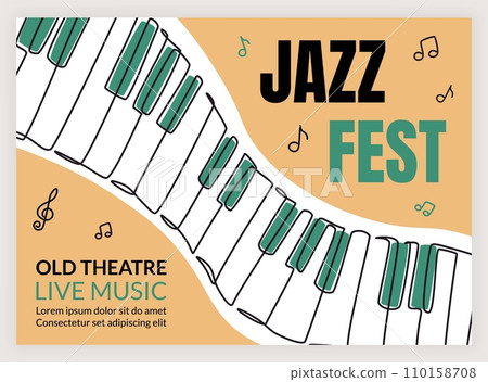 Jazz band fest poster. Live music concert. Musical festival. Synthesizer keyboard and notes. Theatre performance flyer. Musicians orchestra. Party invitation. Line drawing. Vector retro design banner Jazz band fest poster. Live music concert. Musical festival. Synthesizer keyboard and notes. Theatre performance flyer. Musicians orchestra. Party invitation. Line drawing. Vector retro design banner 110158708