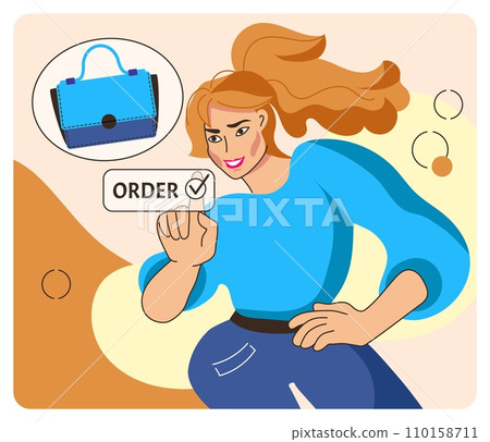 Online shop. Customer buying fashionable handbag. Woman choosing bag. Store order. Boutique sale. Buyer making purchase. Internet shopping service technology. Smartphone application. Vector concept 110158711