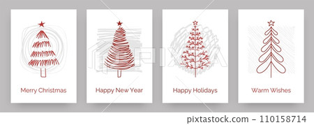 Christmas greeting cards. New Year celebration. Hand drawn Merry Xmas trees. December holiday. Red line sketch. Festive firs with stars. Spruce plants. Forest wood. Doodle postcards design vector set 110158714
