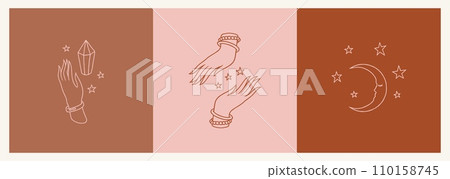 Moon logo. Bohemian cards. Space crescent and stars. Magic crystal for Boho astrology. Hand line icons. Woman arms. Minimal drawing symbols. Witchcraft and alchemy. Abstract design banners vector set 110158745