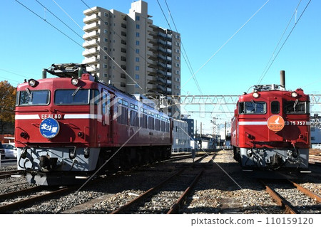EF81 type electric locomotives (Hokutosei posted) and ED75 type electric locomotives (Yuzuru posted) lined up at the depot EF81 type electric locomotives (Hokutosei posted) and ED75 type electric locomotives (Yuzuru posted) lined up at the depot 110159120