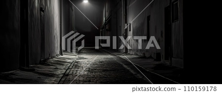 AI-generated content.  A lit alleyway at night with wet cobblestones 110159178