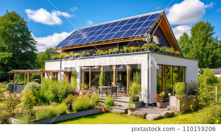AI-generated content. eco-friendly house equipped with solar panels on the roof, surrounded by lush greenery and a well-maintained garden, reflecting sustainable living and renewable energy use in 110159206