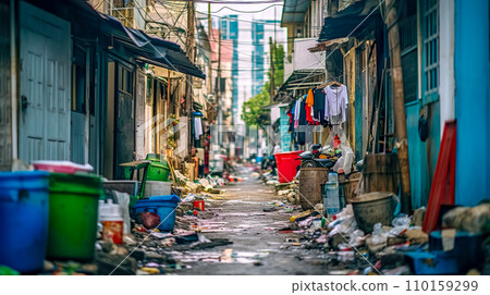 AI-generated content. narrow alley in an impoverished urban area. The street is cluttered with waste and random items, laundry hangs above, while the worn buildings are tightly packed, conveying a 110159299