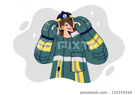 Woman in firefighter uniform works in rescue service and puts on helmet to fight fire 110159348