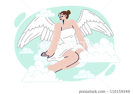 Woman with angel wings sits on clouds and looks to side, demonstrating serenity and peacefulness Woman with angel wings sits on clouds and looks to side, demonstrating serenity and peacefulness 110159349