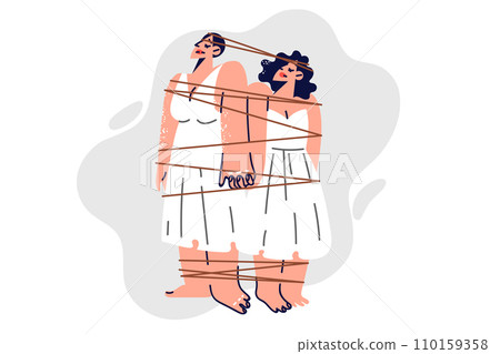 Two women tied with rope demonstrate psychological dependence and lack of personal space 110159358