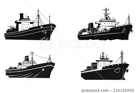 Ocean vector illustration cargo ship silhouette set, Set of silhouettes of the sea cargo ships 110159359
