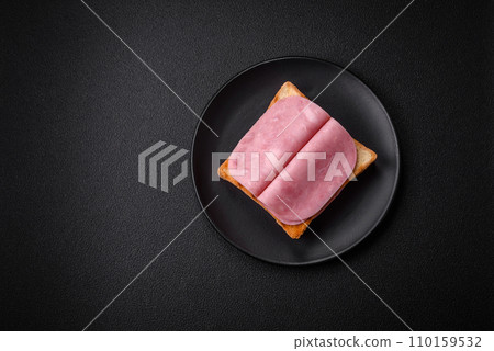 Delicious sandwich with toast bread, ham, tomatoes, salt and spices Delicious sandwich with toast bread, ham, tomatoes, salt and spices 110159532