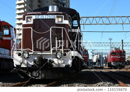 DE10 diesel locomotive and ED75 electric locomotive parked at the depot DE10 diesel locomotive and ED75 electric locomotive parked at the depot 110159870