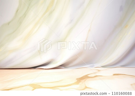 Blank abstract template with marble background and floor in yellow green and white and golden fabric style shapes. AI generated image 110160088