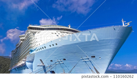 The abstract view of a large cruise ship docked near Labadee, Haiti and blue sky 110160262