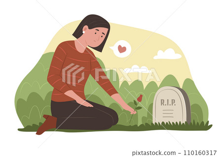 Mourning Woman Sitting in Front of a Grave in a Cemetery Mourning Woman Sitting in Front of a Grave in a Cemetery 110160317