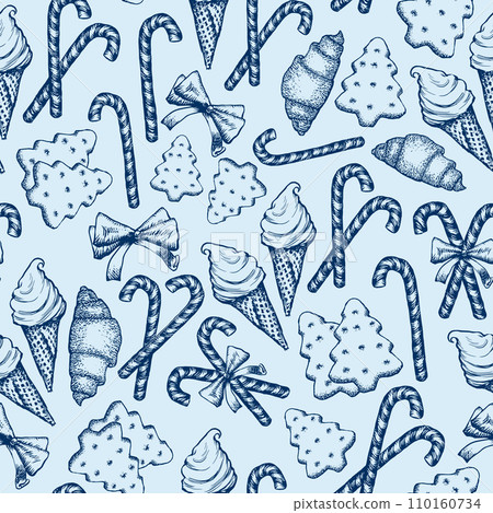Blue and White Peppermint Candy Cane Stick with Bow, Pine Tree Cookies Biscuits Vector Seamless Pattern Blue and White Peppermint Candy Cane Stick with Bow, Pine Tree Cookies Biscuits Vector Seamless Pattern 110160734