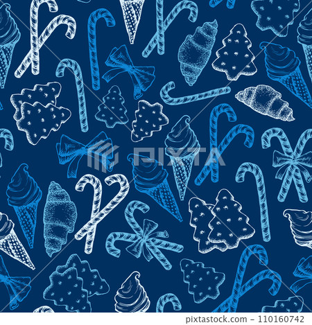 Blue and White Peppermint Candy Cane Stick with Bow, Pine Tree Cookies Biscuits Vector Seamless Pattern 110160742