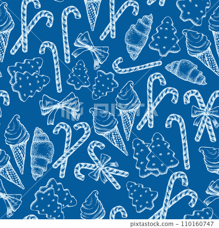 Blue and White Peppermint Candy Cane Stick with Bow, Pine Tree Cookies Biscuits Vector Seamless Pattern 110160747