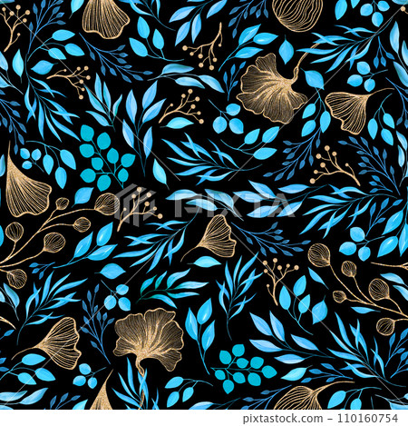 Festive Blue and Gold Glitter Elegant Watercolor Florals Seamless Pattern Festive Blue and Gold Glitter Elegant Watercolor Florals Seamless Pattern 110160754