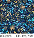 Festive Blue and Gold Glitter Elegant Watercolor Florals Seamless Pattern 110160756
