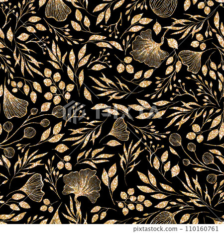 Festive Black and Gold Glitter Elegant Watercolor Florals Seamless Pattern Festive Black and Gold Glitter Elegant Watercolor Florals Seamless Pattern 110160761