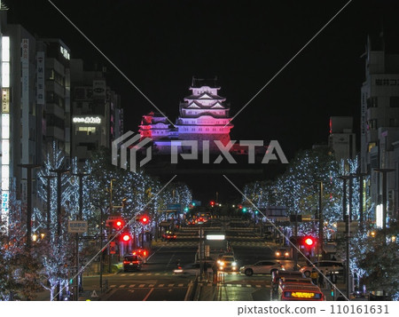 Night view of National Treasure Himeji Castle and illumination of Otemae Street Night view of National Treasure Himeji Castle and illumination of Otemae Street 110161631