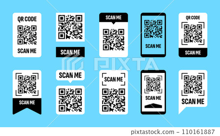 QR code scan. Qrcode design frame. Barcode scanner with white tag for smartphone. Identification label. Mobile pay sticker. Identity pixel sign. Camera scanning. Vector square icons set 110161887