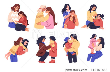 Mother hugging child. Mom with kid, children in happy family, parent hug daughter, girl and mum in love. Good relationship motherhood. Young and adult children. Vector cartoon characters 110161888