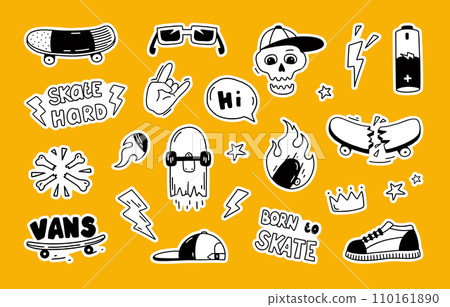 Skateboard stickers. Cool skate graffiti. Graphic street art. Skull on skater sport board. T-shirt print badge. Trendy sneakers. Skatepark symbols. Vector skateboarding retro labels set 110161890