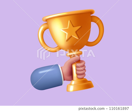 3d trophy. Winner hand, success and award, prize cup, win champion and best goal, reward and competition. Victory and triumph symbol. First place gift render cartoon isolated vector illustration 3d trophy. Winner hand, success and award, prize cup, win champion and best goal, reward and competition. Victory and triumph symbol. First place gift render cartoon isolated vector illustration 110161897