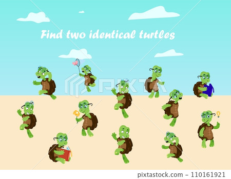Cartoon turtle. Find identical tortoises. Preschool kids worksheet. Search same animals. Compare funny green reptiles. Workbook test. Terrapin actions. Vector educational puzzle design Cartoon turtle. Find identical tortoises. Preschool kids worksheet. Search same animals. Compare funny green reptiles. Workbook test. Terrapin actions. Vector educational puzzle design 110161921
