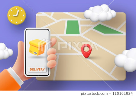 3D map. Car delivery. Phone application. Food order. Truck shipping. Smartphone in hand. Search route. Express shipment. GPS navigation. Location render pin. Vector cartoon illustration 110161924