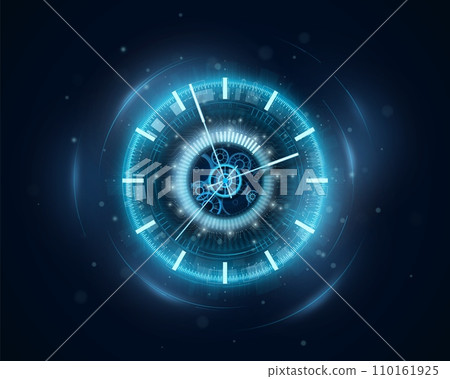 Time machine. Neon clock. Watch dial. Abstract future timepiece face with modern glow. Old chronometer. Blue light. Timer countdown. Cyber technology. Shiny clockwork. Vector background Time machine. Neon clock. Watch dial. Abstract future timepiece face with modern glow. Old chronometer. Blue light. Timer countdown. Cyber technology. Shiny clockwork. Vector background 110161925