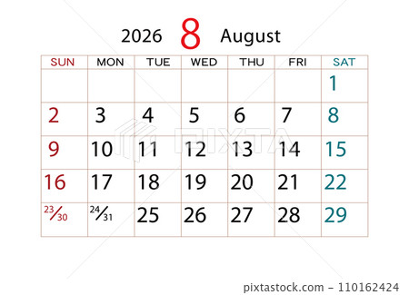 2026 Calendar August 110162424