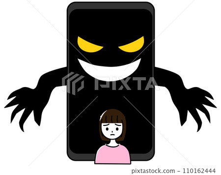 小學高年級女孩身後有一支巨大的智慧型手機,臉龐嚇人 小學高年級女孩身後有一支巨大的智慧型手機,臉龐嚇人 110162444