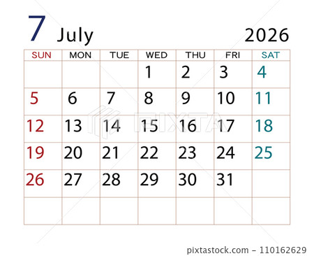 2026 年曆 7 月 2026 年曆 7 月 110162629