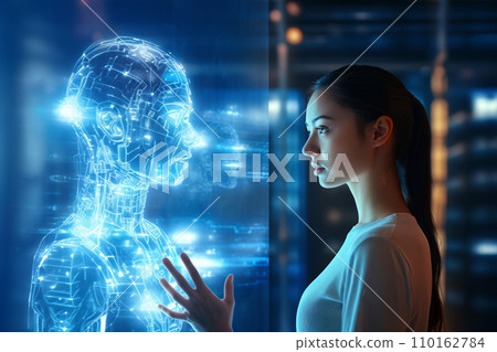 A woman interacts with a two-dimensional hologram Ai artificial intelligence. AI robots and human relationships in the near future. AI image generation 110162784