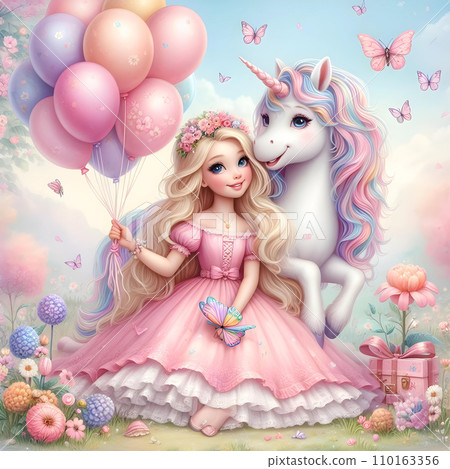 Cute fairy tale princess with unicorn and balloons in the meadow. AI  110163356