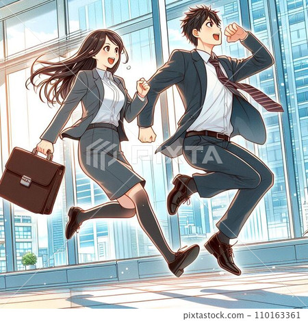Illustration of male and female office workers running cheerfully 110163361