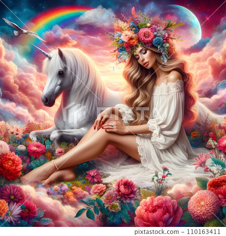 Beautiful fairy girl with long hair and unicorn. Fairy tale. 110163411