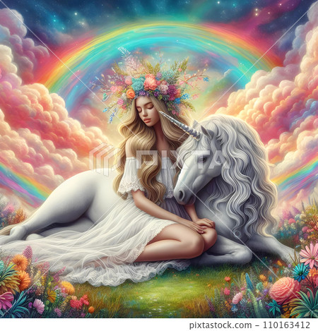 Beautiful fairy girl with long hair and unicorn. Fairy tale. Beautiful fairy girl with long hair and unicorn. Fairy tale. 110163412