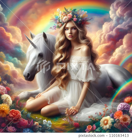 Beautiful fairy girl with long hair and unicorn. Fairy tale. Beautiful fairy girl with long hair and unicorn. Fairy tale. 110163413